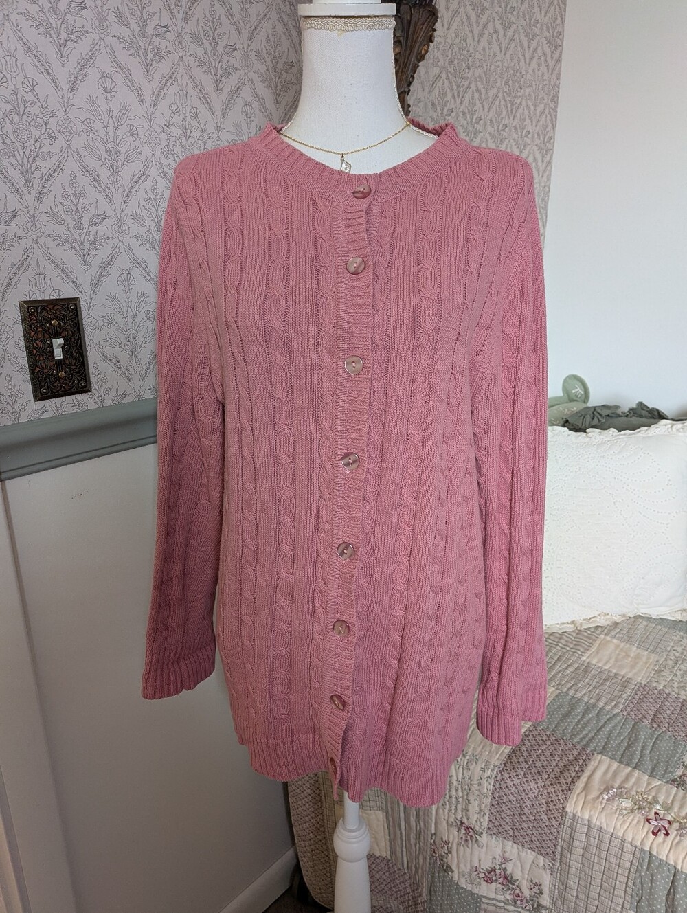 CW Classics Dusty Rose Cable Knit Cotton Cardigan Sweater M
